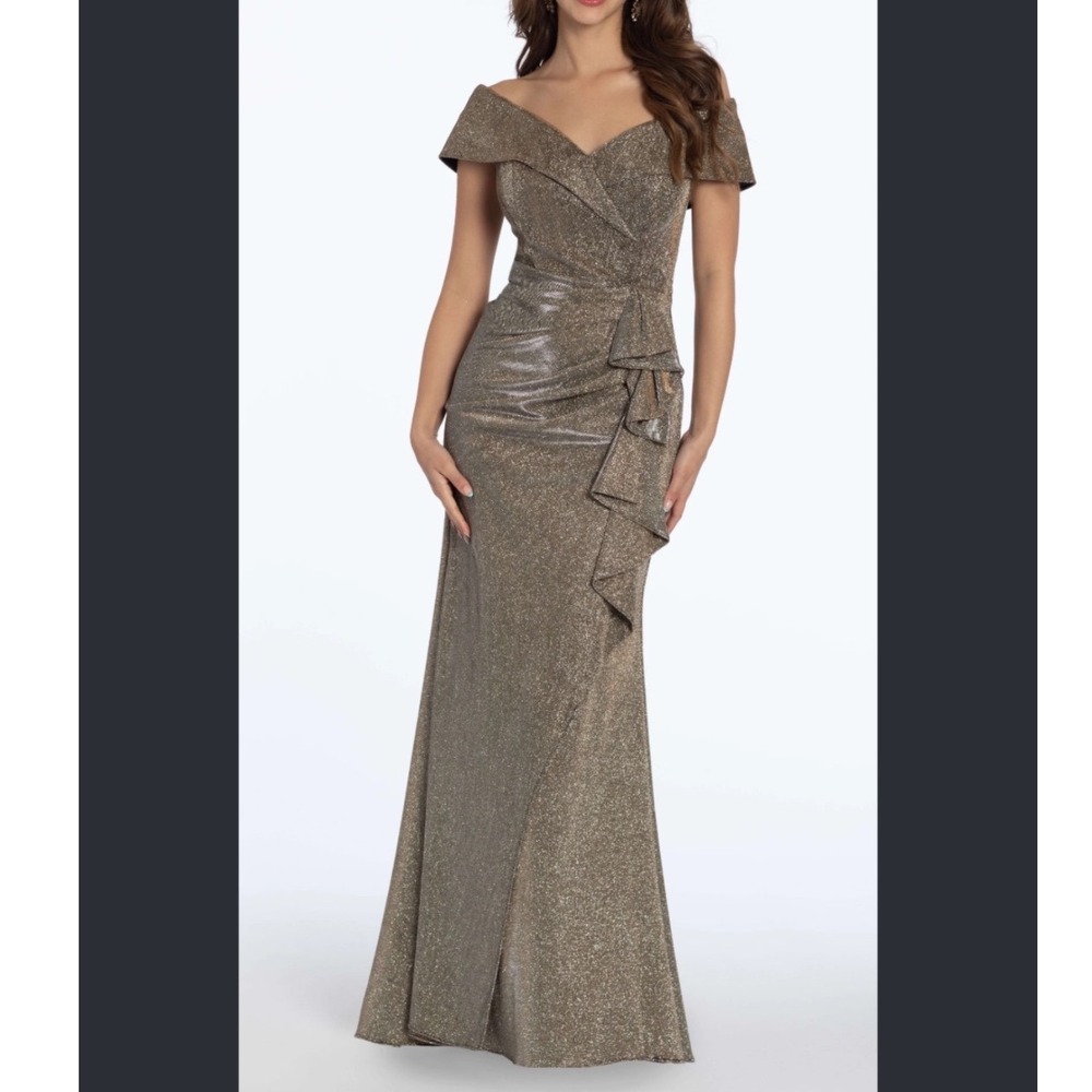 Xscape Metallic Off the Shoulder Column Dress with Side Drape Gold Gown NEW